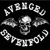 Black background with white pixelated text forming a circle around a skull and wings, next to blue background with white stylized text.