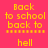 Pixelated text 'Back to school' and 'hell' on pink and blue backgrounds with yellow text and orange underline.