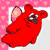 Red cartoon animal with large eyes and a rounded body lies on a pink background with light pink hearts.