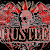Pixelated icon with central skull, red and gray splatter background, and bold text reading 'HUSTLE' below.