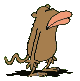 Brown cartoon creature with large pink mouth stands on two legs, tail curls left, shadow beneath feet, gray background.