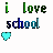 Animated sequence showing repeated text 'i love school' with a cyan heart icon, transitioning to 'except for the learning', then 'pqt', and finally 'go' in green.