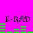 Bright pink background with four 'K-RAD' text instances and green bar graphs in two , showing animation changes between frames