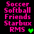 Pixelated pink text lists 'Soccer Softball Friends Starbux RMS' with a green heart symbol on black background, showing animation changes between frames.