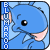 Pixelated blue cartoon character with large black eye, pink inner ears, and vertical white text on left side.