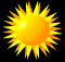 Four identical yellow sun icons with orange gradient rays on black background