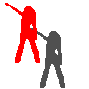 Red and gray silhouettes of two figures dancing against a light gray background, with red figure leading in various poses.