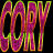 Static 48x48 pixel buddy icon featuring the word "CORY" in stylized, gradient-filled letters with a rainbow color scheme on black background.