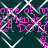 Animated pattern of pink text fragments and white geometric lines on a dark teal background, with shifting pixelated characters.