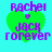 Four identical pixelated heart-shaped icons with green fill and purple text reading "Rachel ♡ Jack forever" on a cyan background.