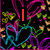 Animated icon with black background, colorful heart shapes in pink and blue, and changing text elements.