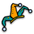 Pixelated jester figure with orange torso, teal limbs, and three blue gem-like orbs attached to extremities.