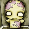 Pixelated character with yellow skin, large white eyes, and pink heart-shaped patches on head and shirt, standing against a brown background.