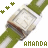 A square-faced watch with a green strap and silver casing appears in , accompanied by changing text below it
