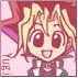 Pixelated anime-style character with blonde hair and red eyes, shown in four sequential expressions against a pink background.