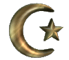 Golden crescent moon and five-pointed star symbols arranged in a on a light gray background