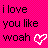 Pixelated text on bright pink background reads "i love you like woah" with white heart symbol to right of last word.