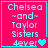 Pixelated text on bright pink background with cyan border, showing "Chelsea and Taylor Sisters 4ever" alongside heart symbols in four variations.