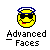 Yellow pixelated face with blue halo, black sunglasses, and red tongue; text 'Advanced Faces' below. Three variations show different mouth positions.