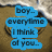 A beach scene with a heart drawn in sand, waves at the top, and blue text bubbles reading "boy... everytime I think of you..." then changing to "my heart skips a beat!"