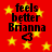 Red background with yellow stars, black text "feels better Brianna" and a pixelated heart symbol in four repeated arrangements.