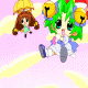 Pixelated cartoon characters float on pink clouds; one green-haired character with bells wears blue and white, while a smaller brown-haired character holds a yellow umbrella.
