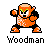 Pixelated orange character with green eyebrows, black limbs, and a patterned torso stands in a fighting pose above the text 'woodman' on a gray background.