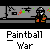 Pixelated animation of paintball players in orange and green gear firing at targets, with red and green splatter effects on a gray background.