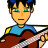 Pixelated character with green eyes, blue headband, and brown hair wearing a blue shirt with yellow shoulder accents holding a red electric guitar.