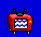Two identical red retro TVs with blue checkered screens, black outlines, and yellow feet on a solid blue background.