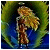 Animated pixelated figure with long blonde hair in a brown dress against green and blue background