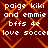 Red background with orange diamond lattice pattern and white pixelated text repeating 'paige kiki and emmie bfss 4e love soccer' in two