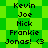 Pixelated green background with repeating diamond shapes and black text listing names Kevin, Joe, Nick, Frankie, Jonas! <3 in two vertical