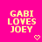 A bright pink background displays six identical pixelated text blocks reading "GABI LOVES JOEY" in yellow, each with a small heart symbol below.