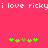 Pixelated text reads 'i love ricky' on a bright pink background with two of green and brown pixelated symbols below