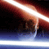 Static pixelated image of a bright light beam cutting through dark space with blue and white horizontal bands below, resembling a lightsaber effect from Star Wars.