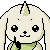 Pixel art contact sheet of six animated frames showing a white rabbit-like character with large eyes, green scarf, and black gloves making various facial expressions against gray background.
