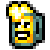 Pixelated icon of a beer mug with frothy head, rendered in yellow, orange, teal, black, and white pixels on gray background.