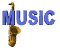 Animated sequence of a golden saxophone with blue 'MUSIC' text in various positions across three