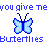 Pixel art contact sheet showing two frames of an animated butterfly icon with blue text above and below on a gray background.