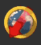Animated globe icon with golden ring, red arrow, and black shadow moving across Earth's surface.