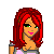 Pixel art contact sheet showing a red-haired female character in various poses and text elements with blue pixelated lettering.
