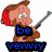 Pixelated cartoon character with brown hair and red earmuffs holds a rifle, displaying text overlays in blue and black.