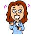 Pixelated cartoon woman with brown hair in light blue suit, shown in three poses: left pose has pink motion lines and open mouth gesture; right pose is neutral; bottom pose has red motion lines and clasped hands.