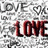 A static image with repeated 'LOVE' text and heart symbols in grayscale, featuring three prominent red 'LOVE' instances on a pixelated background.