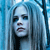 Pixelated image of a person with long light blue hair against a blue-toned background with vertical lines.