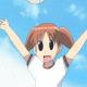 Anime-style character with brown pigtails and white shirt performs volleyball action against blue sky background.