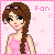 Pixel art of a woman with brown braided hair wearing pink sunglasses and a pink top, set against a pink starry background with 'Fan' text.