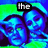 Pixelated image of two people with blue skin tones against a green background, featuring text overlays that change across frames.