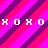 Pixelated icon with diagonal pink and purple stripes on a bright magenta background, featuring white 'XOXO' text in blocky font.
